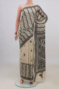 Cream Tussar Saree with Kantha Work on the body and Thread Border.  displayed on a mannequin