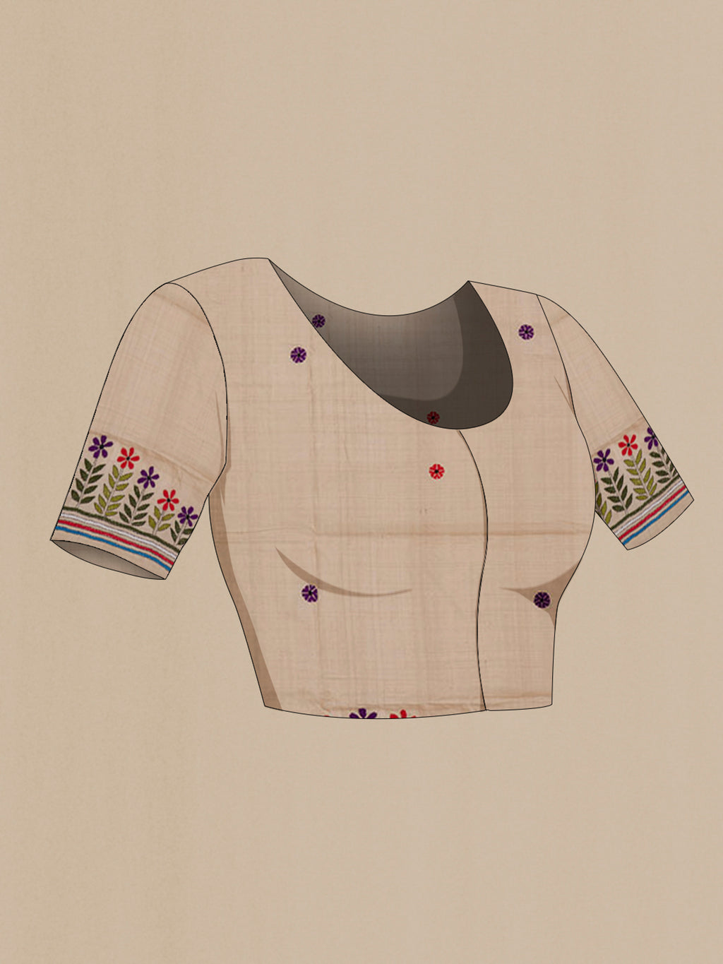 Close up image of the blouse of Beige Tussar Saree with Kantha Work on the body and Embroidery Border. 