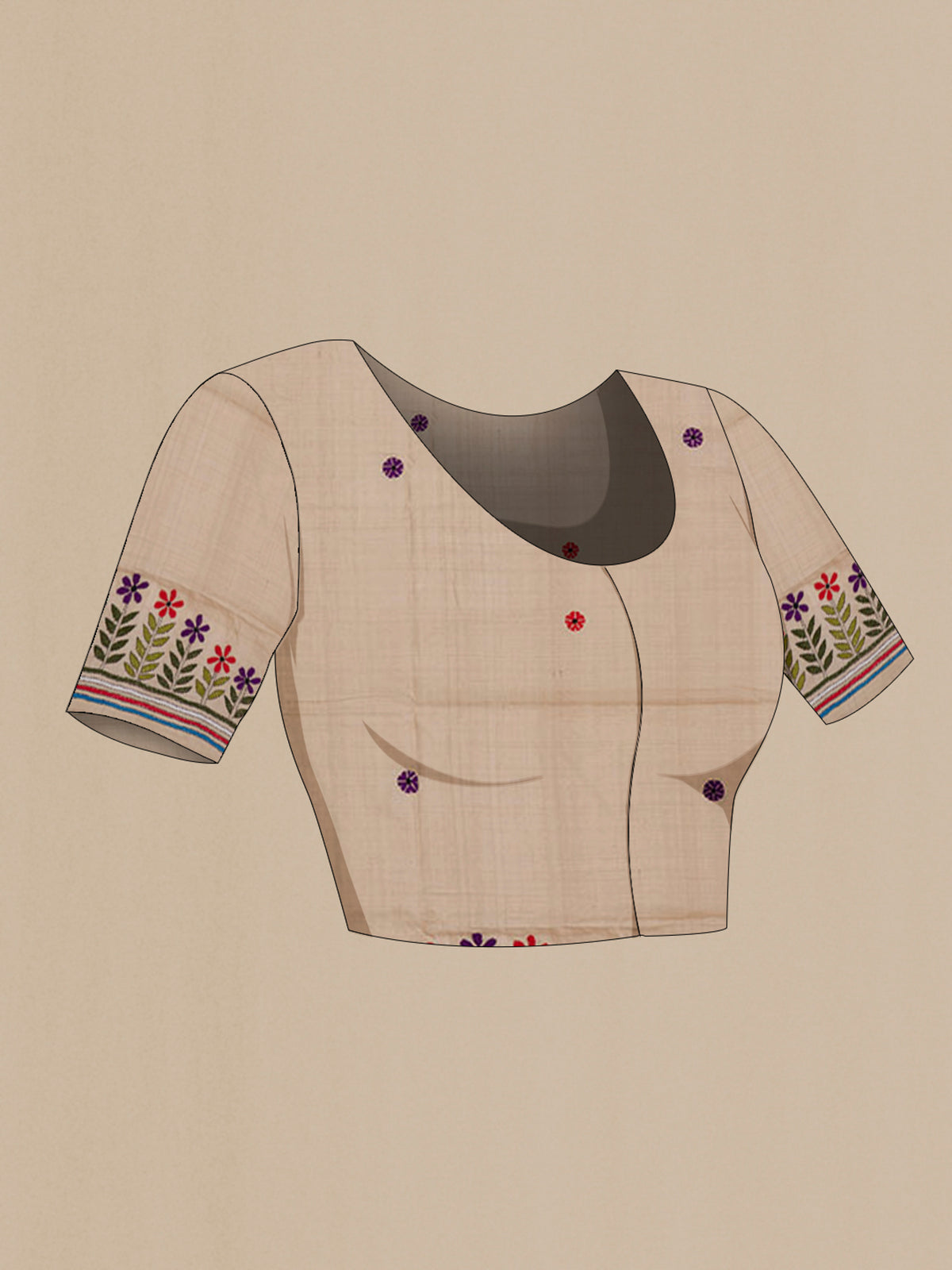 Close up image of the blouse of Beige Tussar Saree with Kantha Work on the body and Embroidery Border. 