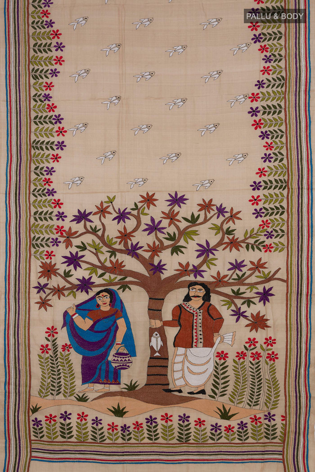 Flat view of Beige Tussar Saree with Kantha Work on the body and Embroidery Border. 
