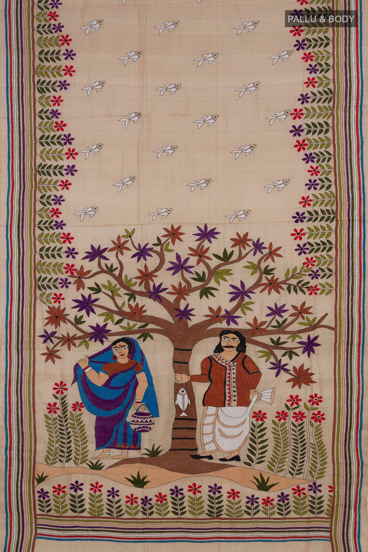 Flat view of Beige Tussar Saree with Kantha Work on the body and Embroidery Border. 