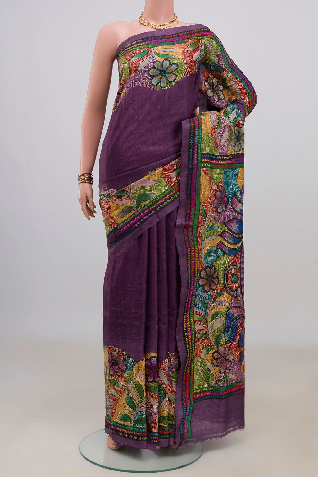 Pure Silk Purple Tussar Saree with Kantha Work on the body and Thread Border.  displayed on a mannequin