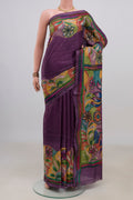 Pure Silk Purple Tussar Saree with Kantha Work on the body and Thread Border.  displayed on a mannequin