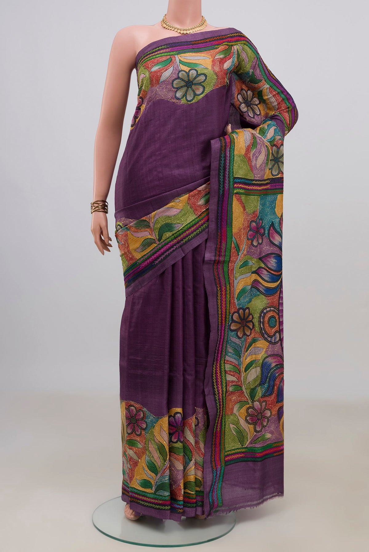 Pure Silk Purple Tussar Saree with Kantha Work on the body and Thread Border.  displayed on a mannequin
