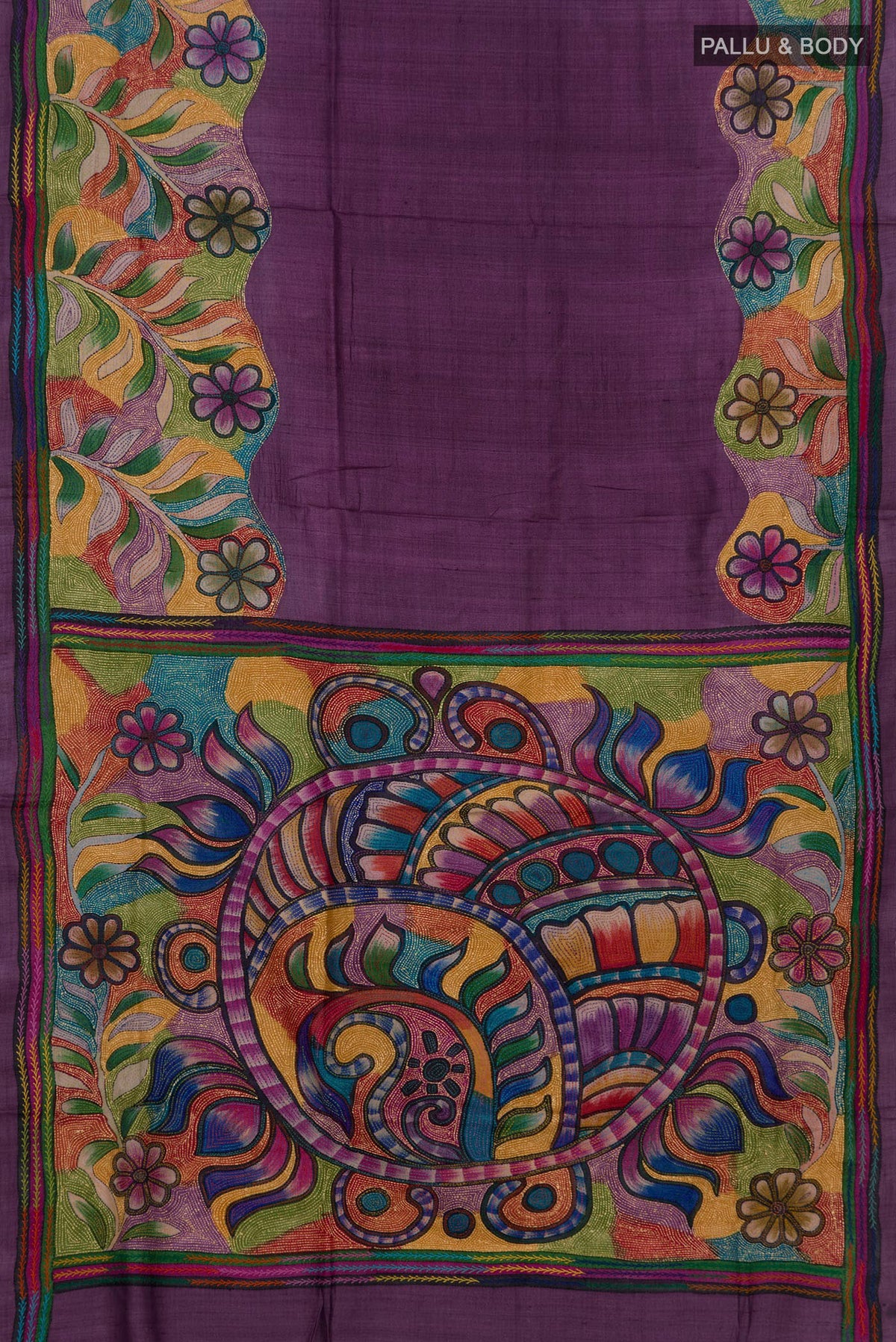 Flat view of Pure Silk Purple Tussar Saree with Kantha Work on the body and Thread Border. 