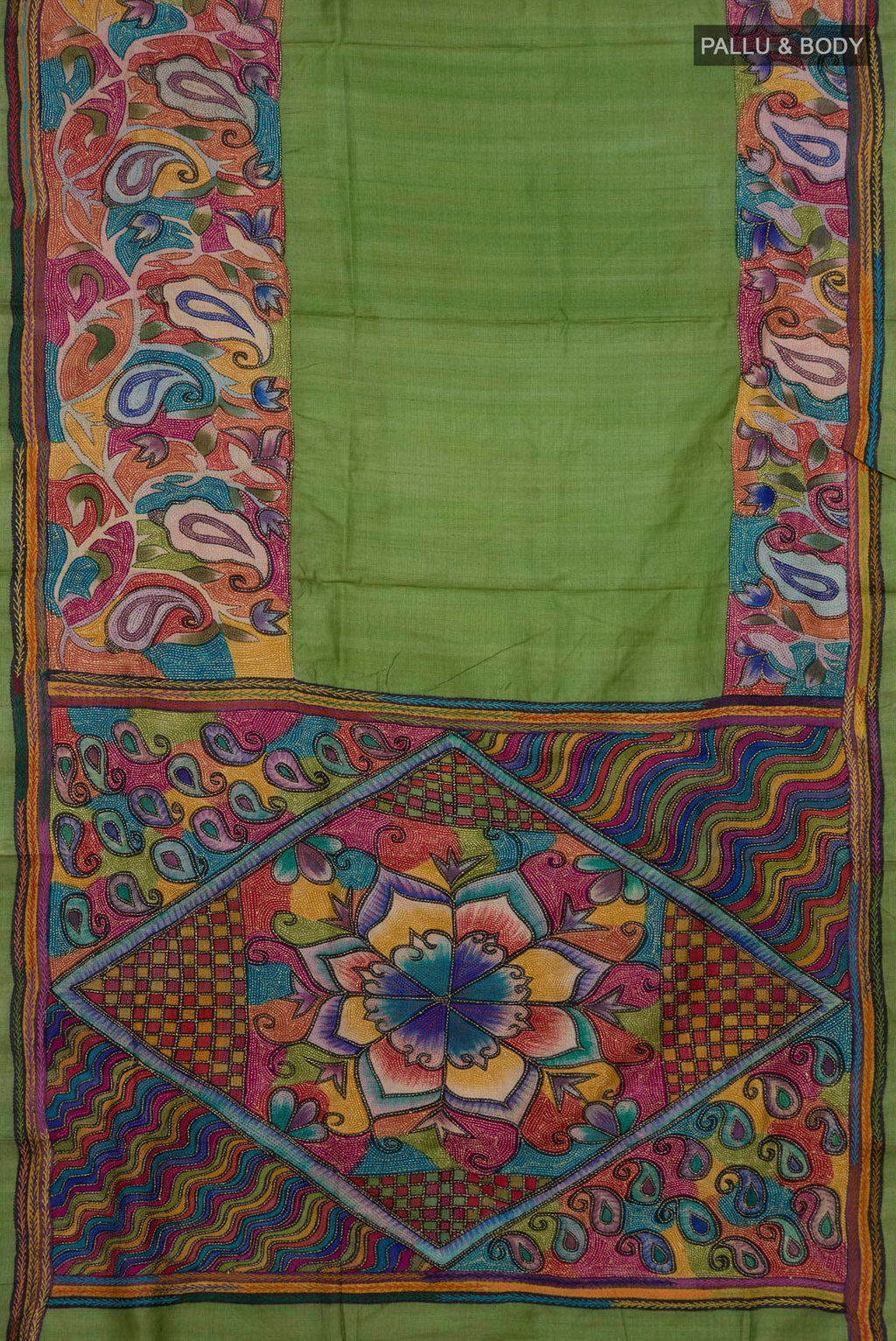 Flat view of Green Tussar Saree with Kantha Work on the body and Thread Border. 