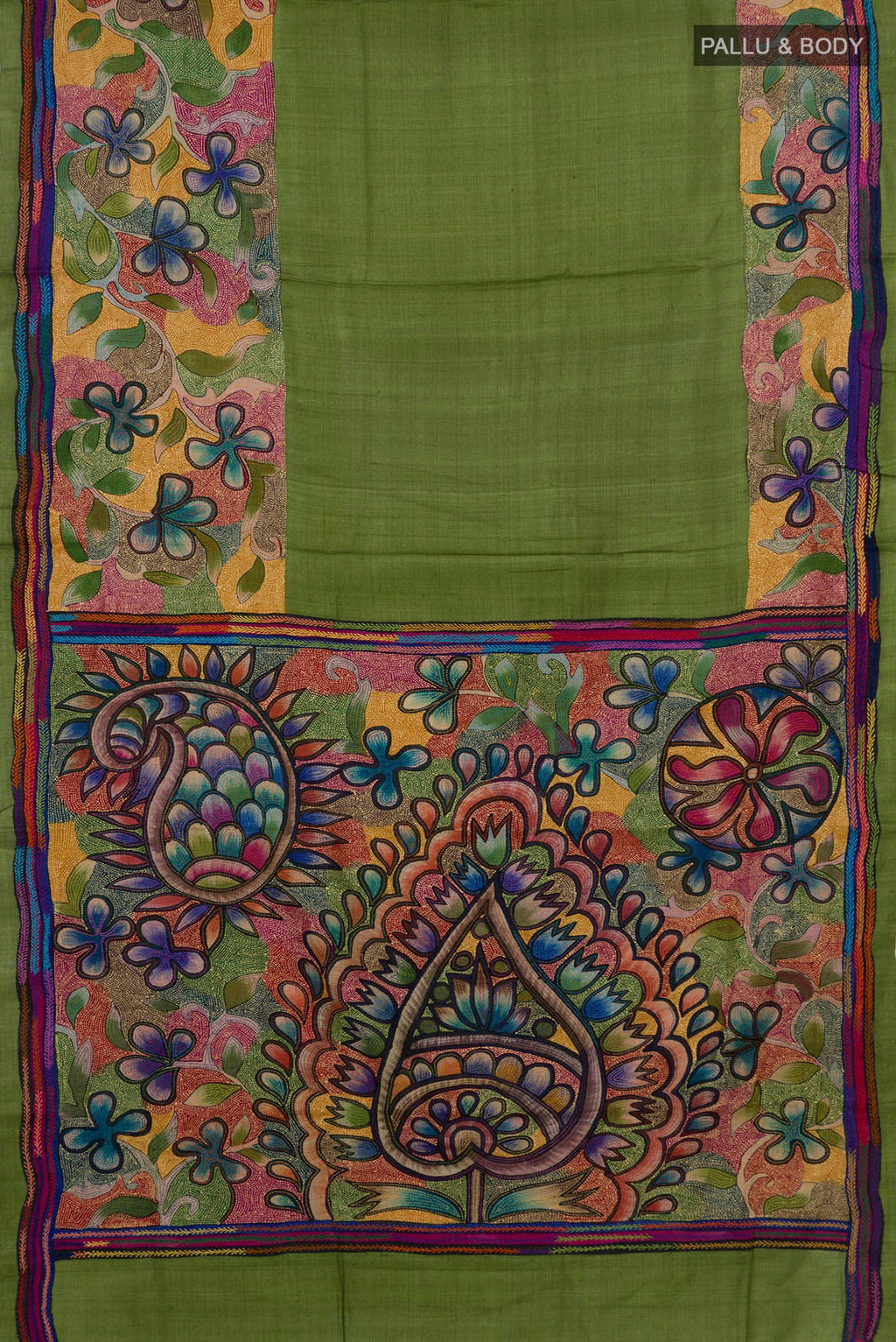 Flat view of Green Tussar Saree with Plain Body and Thread Border. 
