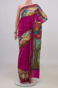 Magenta Tussar Saree with Kantha Work on the body and Thread Border.  displayed on a mannequin