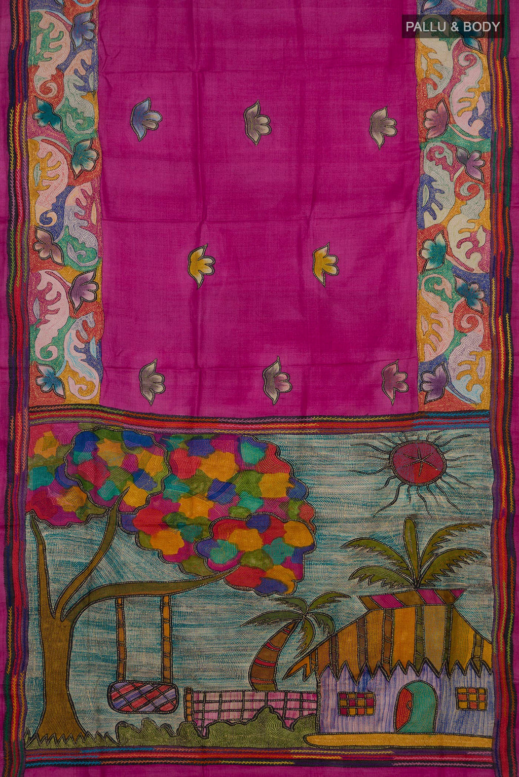 Flat view of Magenta Tussar Saree with Kantha Work on the body and Thread Border. 