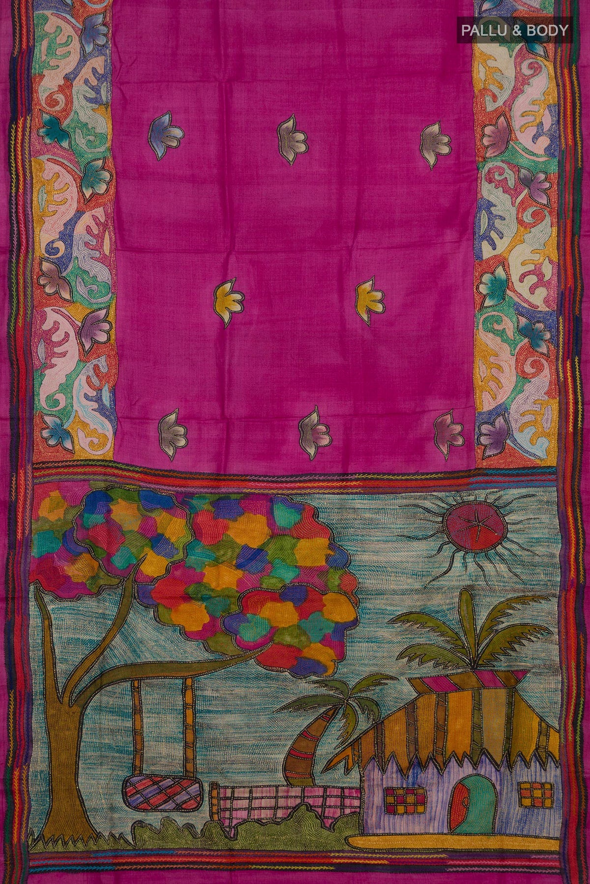 Flat view of Magenta Tussar Saree with Kantha Work on the body and Thread Border. 