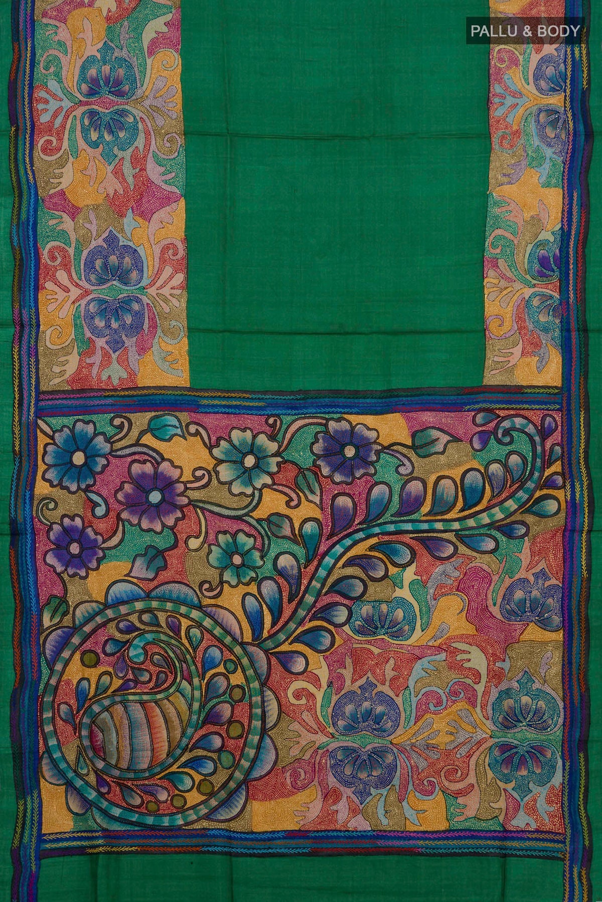 Flat view of Green Tussar Saree with Plain Body and Embroidery Border. 