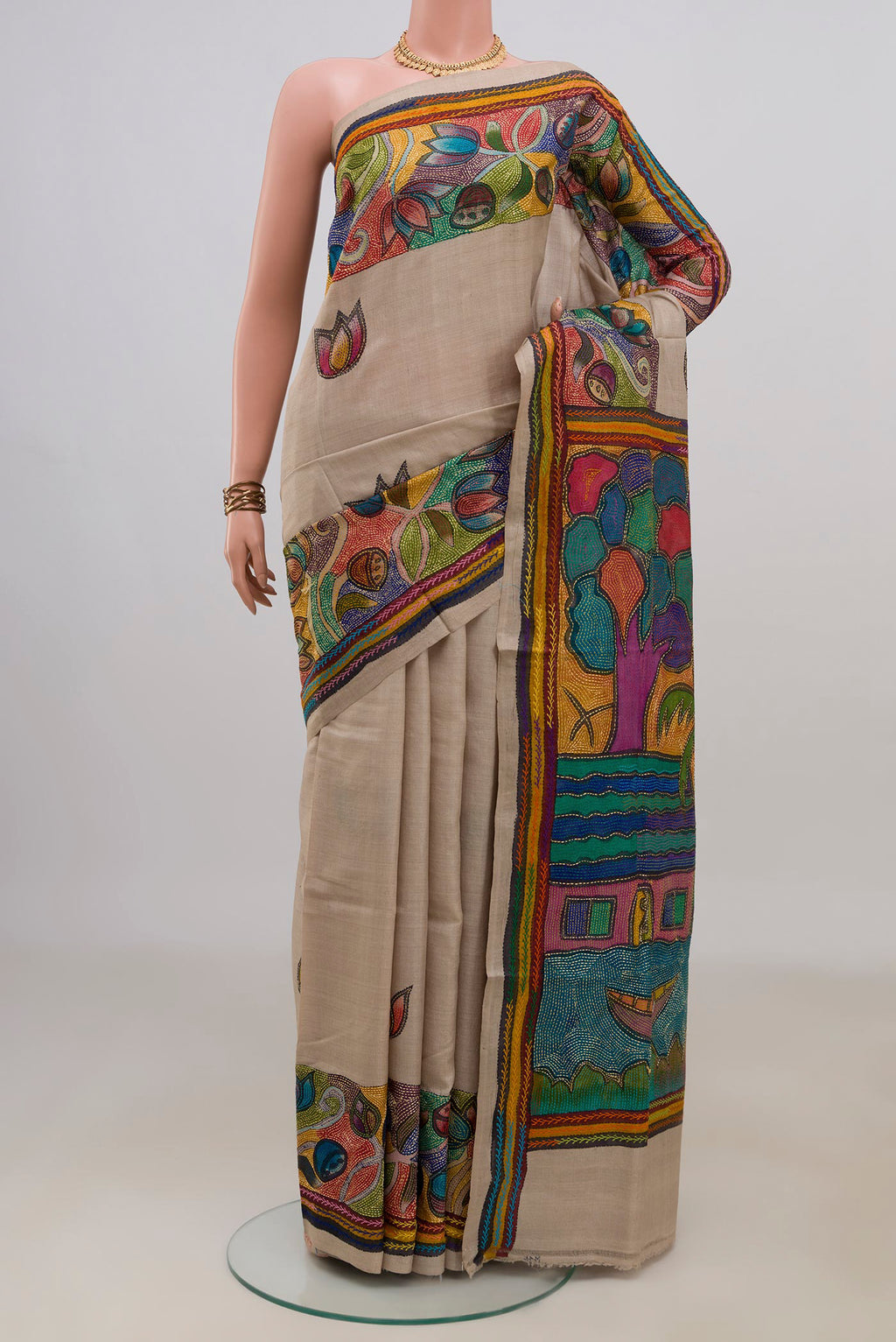 Pure Silk Cream Tussar Saree with Kantha Work on the body and Thread Border.  displayed on a mannequin