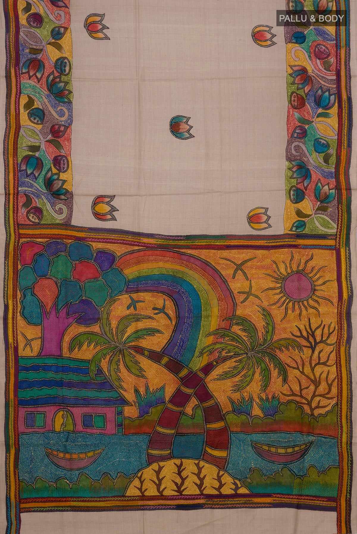 Flat view of Pure Silk Cream Tussar Saree with Kantha Work on the body and Thread Border. 