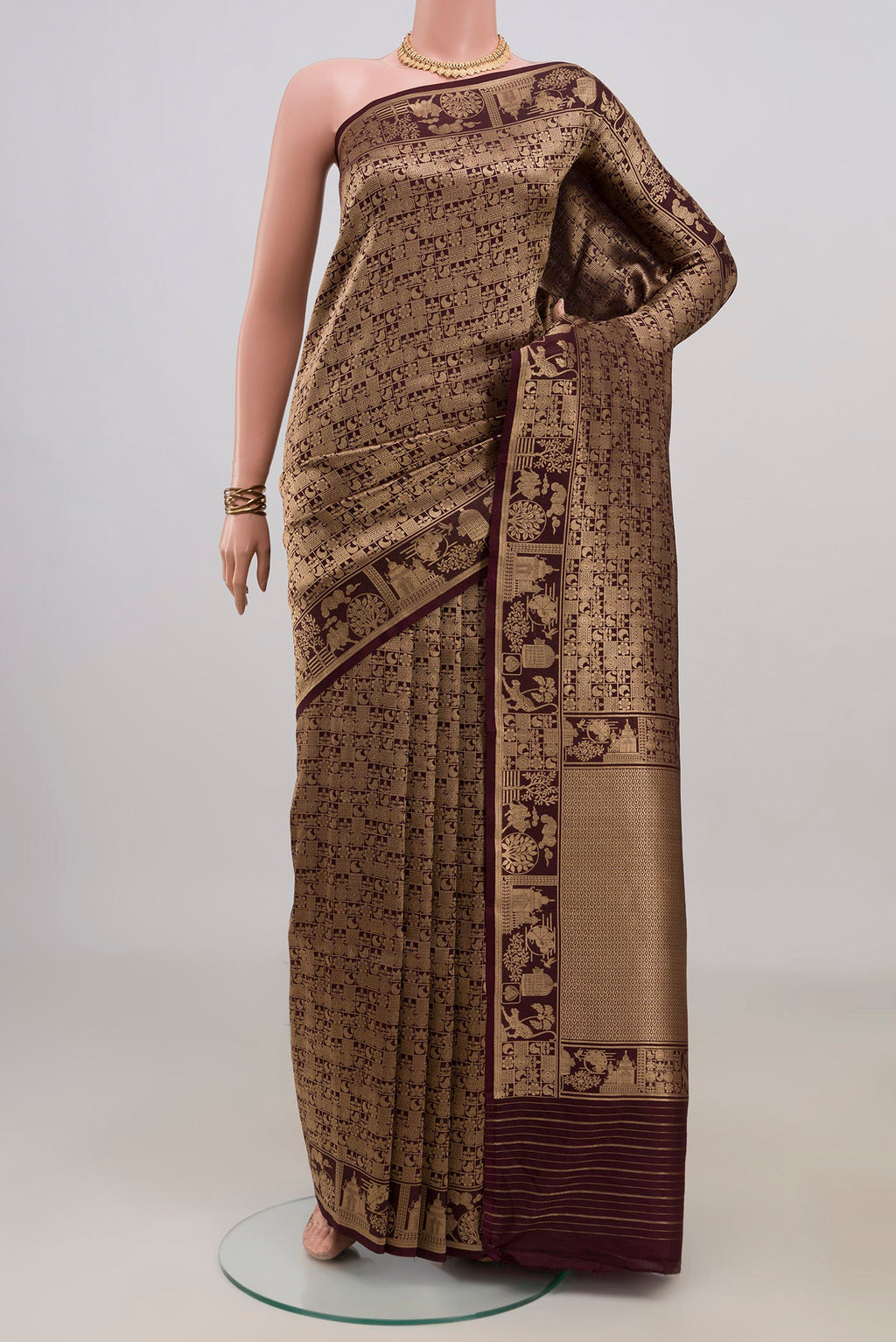 Pure Silk Coffee Brown Banarasi Katan Saree with Zari Brocade on the body and Fancy Border.  displayed on a mannequin