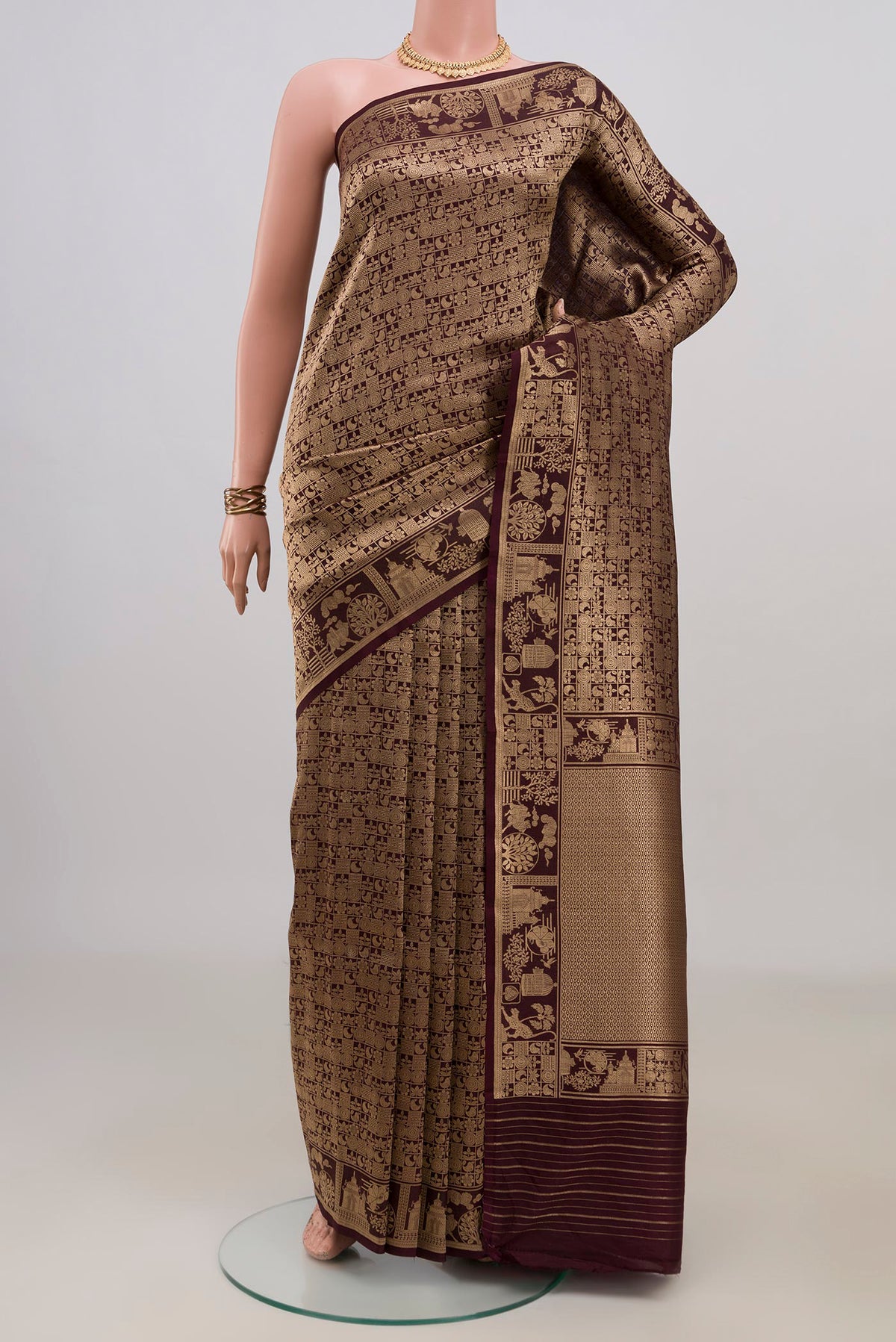 Pure Silk Coffee Brown Banarasi Katan Saree with Zari Brocade on the body and Fancy Border.  displayed on a mannequin