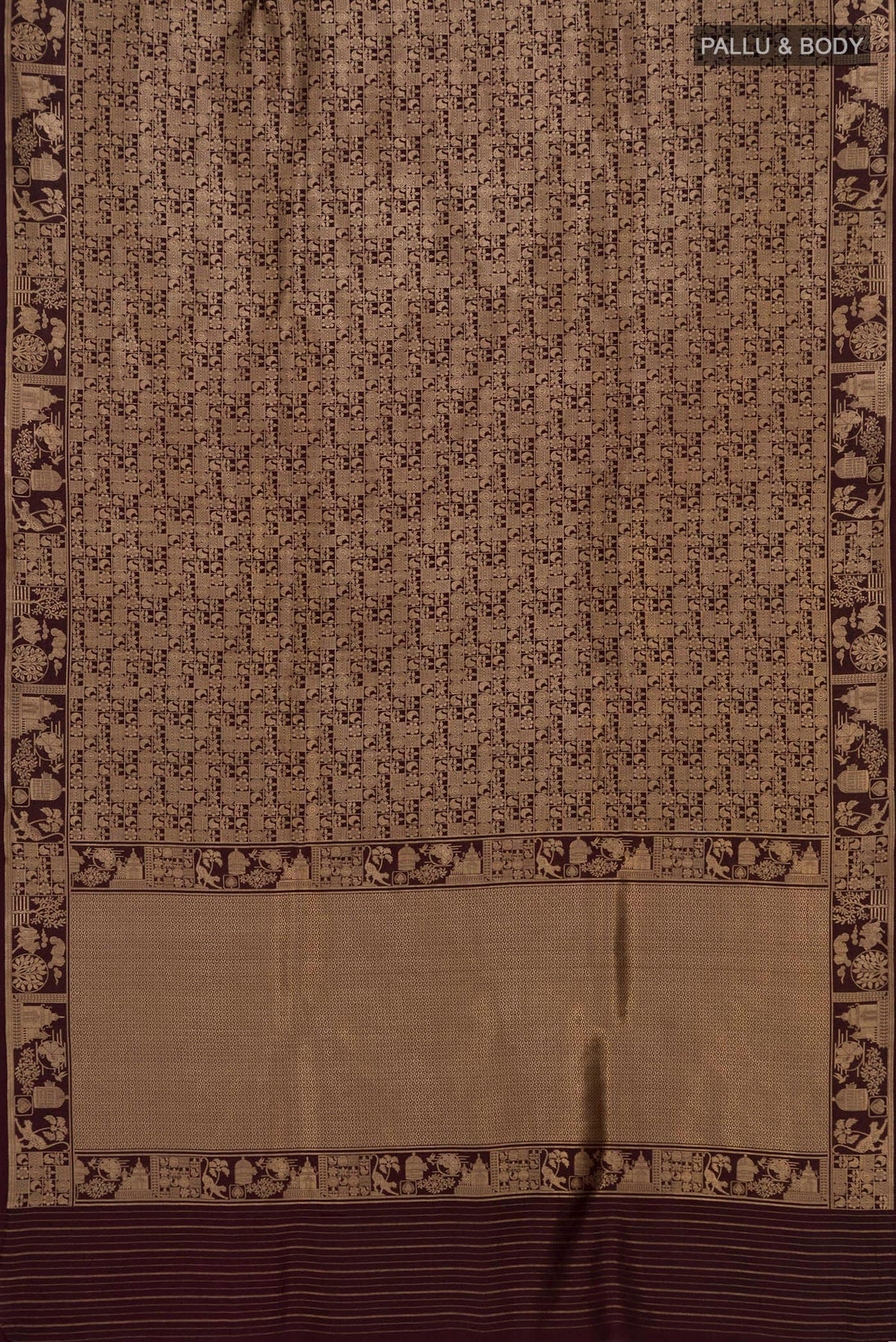 Flat view of Pure Silk Coffee Brown Banarasi Katan Saree with Zari Brocade on the body and Fancy Border. 