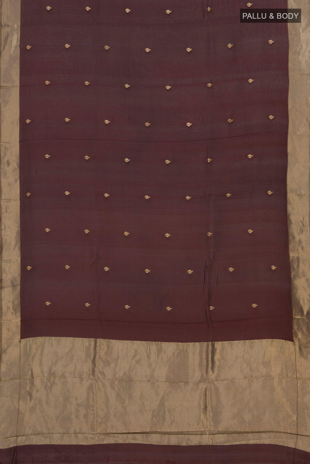 Flat view of Pure Silk Brown Banarasi Kora Saree with Zari Butta on the body and Zari Border. 