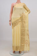 Pure Silk Lemon Yellow Raw Saree with Embroidery on the body and Fancy Border.  displayed on a mannequin