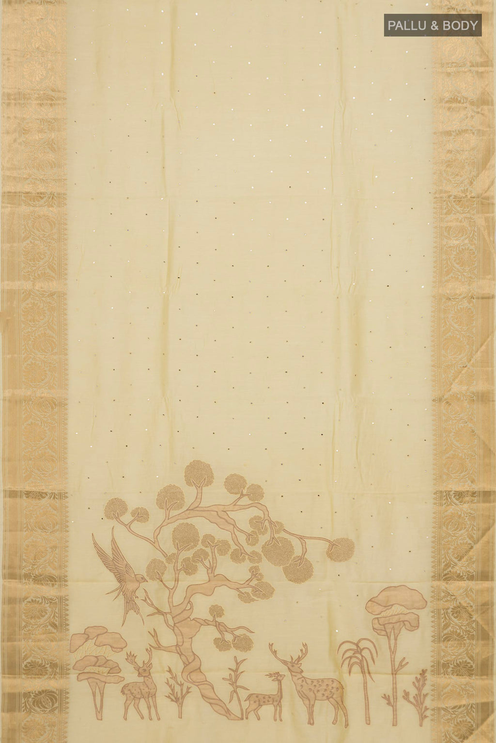 Flat view of Pure Silk Lemon Yellow Raw Saree with Embroidery on the body and Fancy Border. 