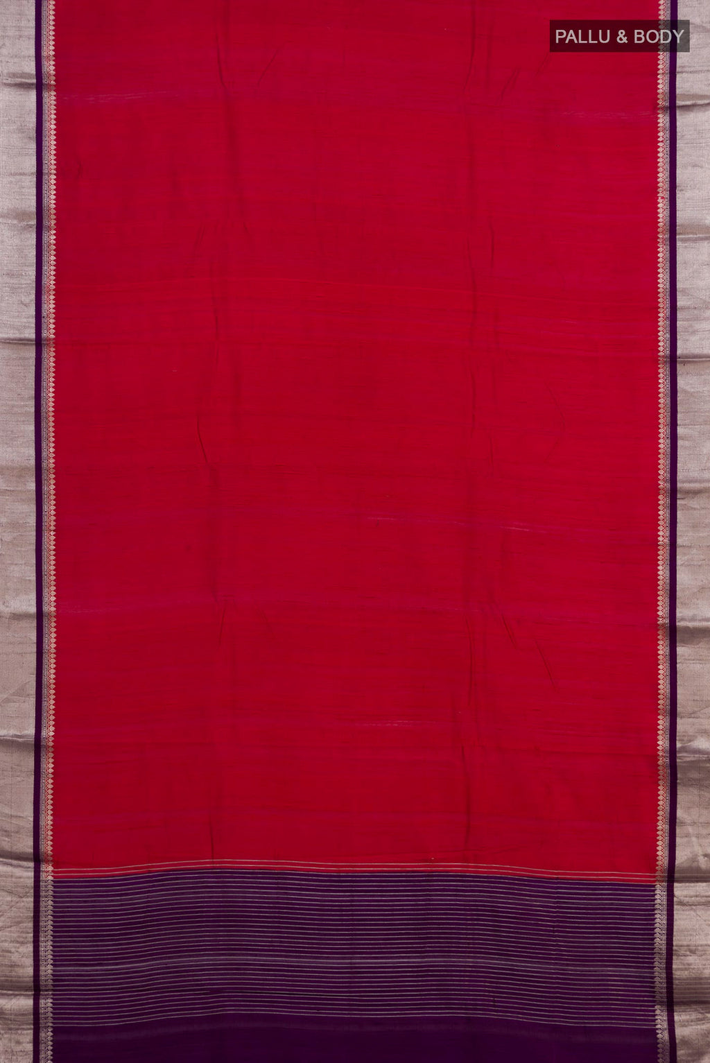 Flat view of Pure Silk Red Raw Saree with Plain Body and Zari Border. 