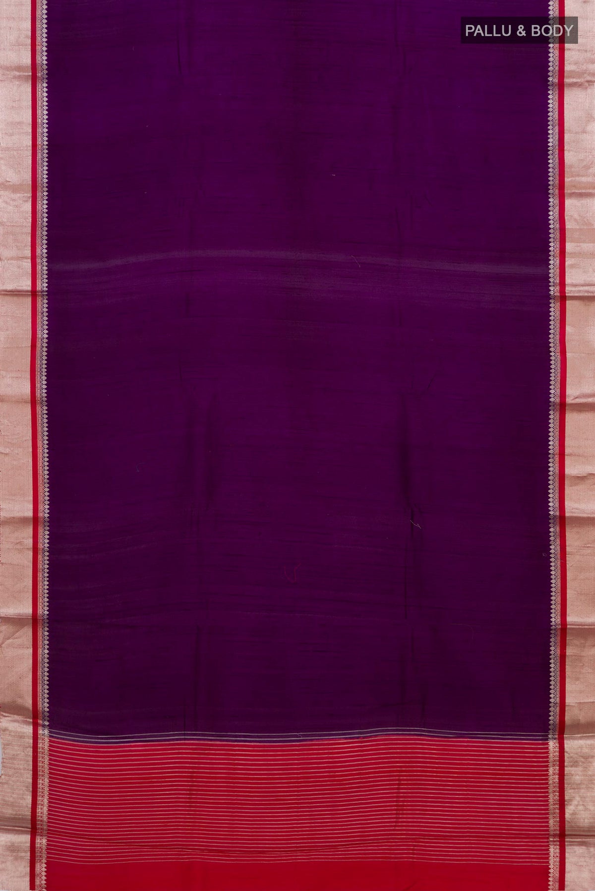Flat view of Pure Silk Purple Raw Saree with Plain Body and Zari Border. 