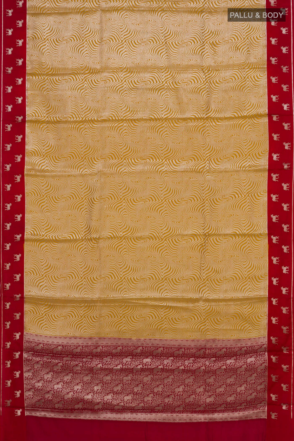 Flat view of Pure Silk Yellow Banarasi Raw Saree with Zari Brocade on the body and Fancy Border. 