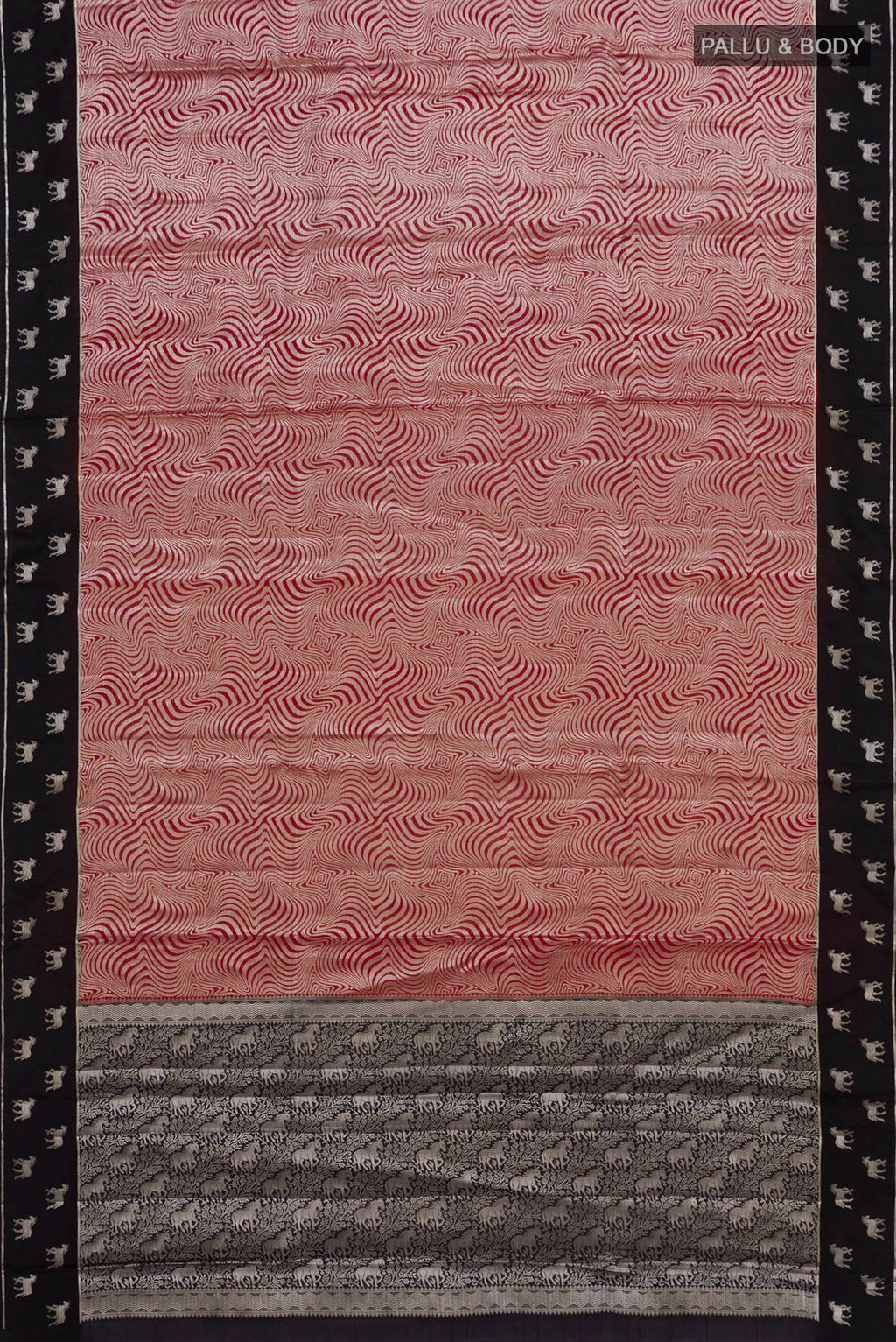 Flat view of Pure Silk Red Banarasi Raw Saree with Zari Brocade on the body and Fancy Border. 
