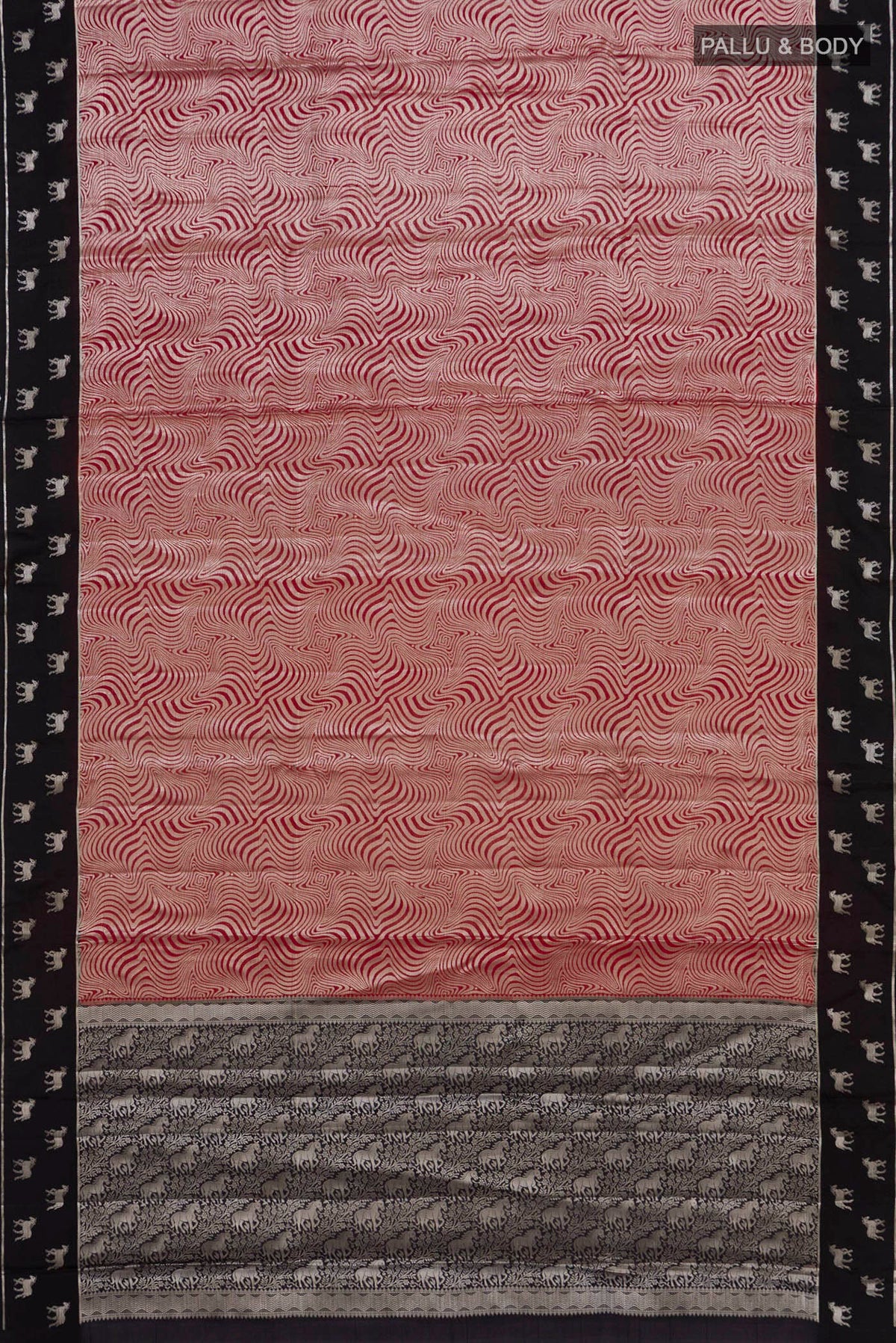 Flat view of Pure Silk Red Banarasi Raw Saree with Zari Brocade on the body and Fancy Border. 