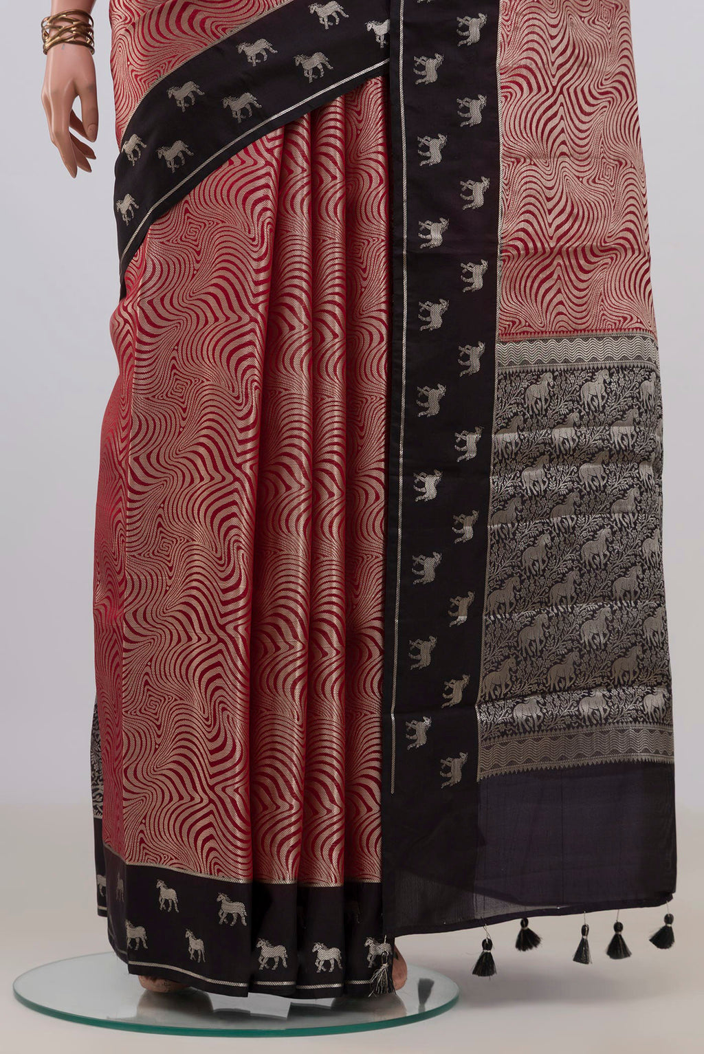 Pleats and pallu of Pure Silk Red Banarasi Raw Saree with Zari Brocade on the body and Fancy Border. 