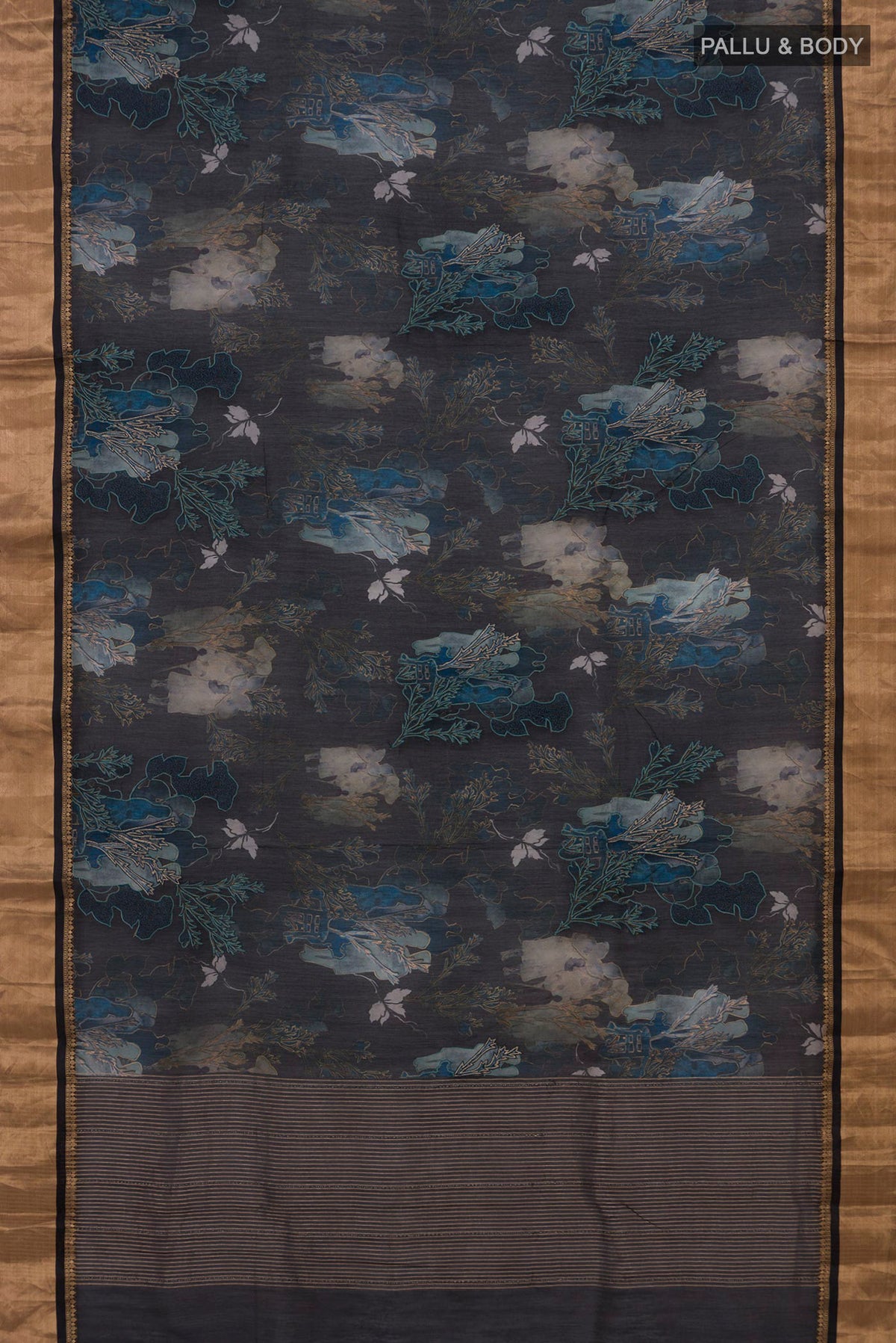 Flat view of Black Tussar Saree with Printed design on the body and Zari Border. 