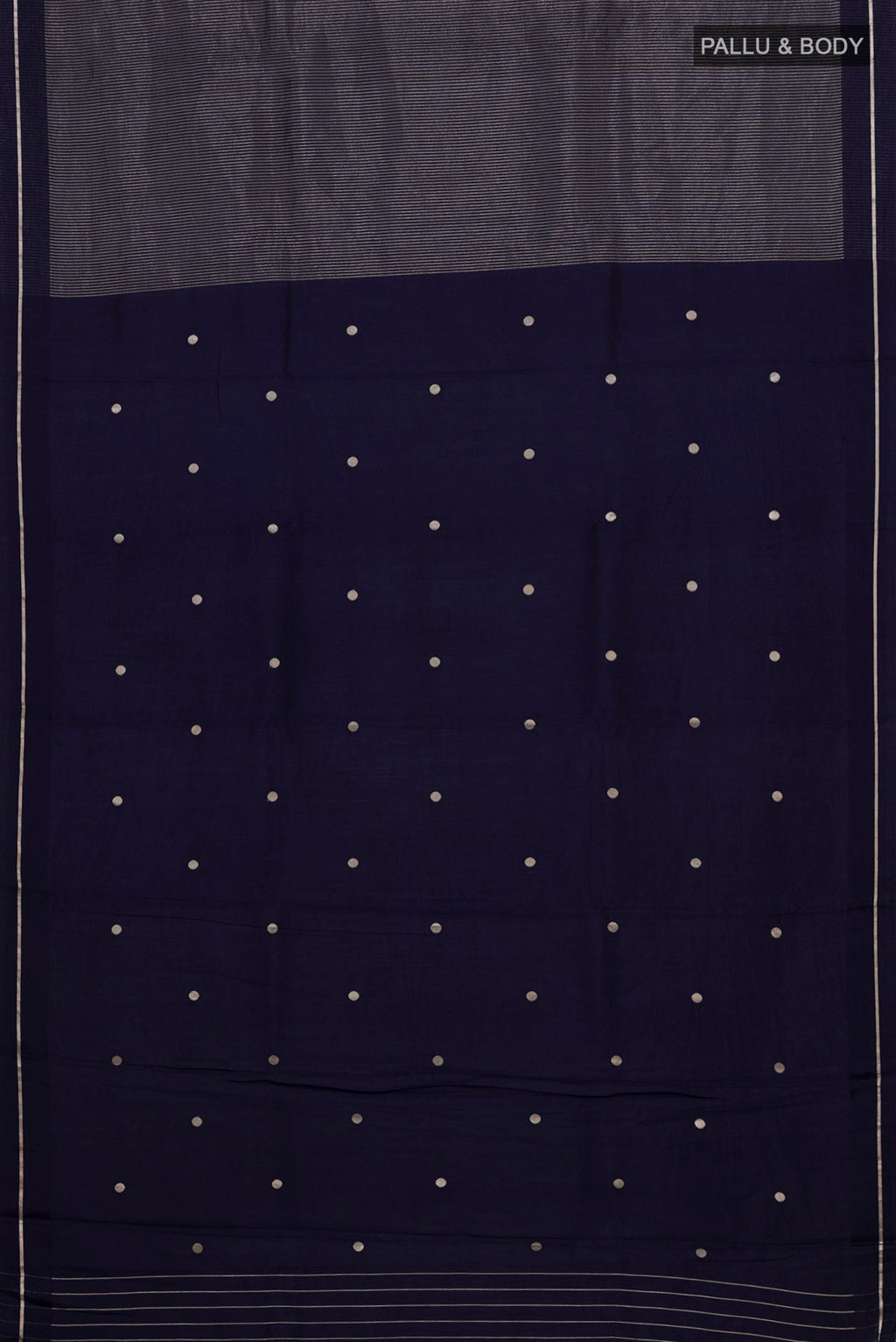 Flat view of Pure Silk Navy Blue Banarasi Katan Saree with Stripes on the body and Thin Zari Line. 