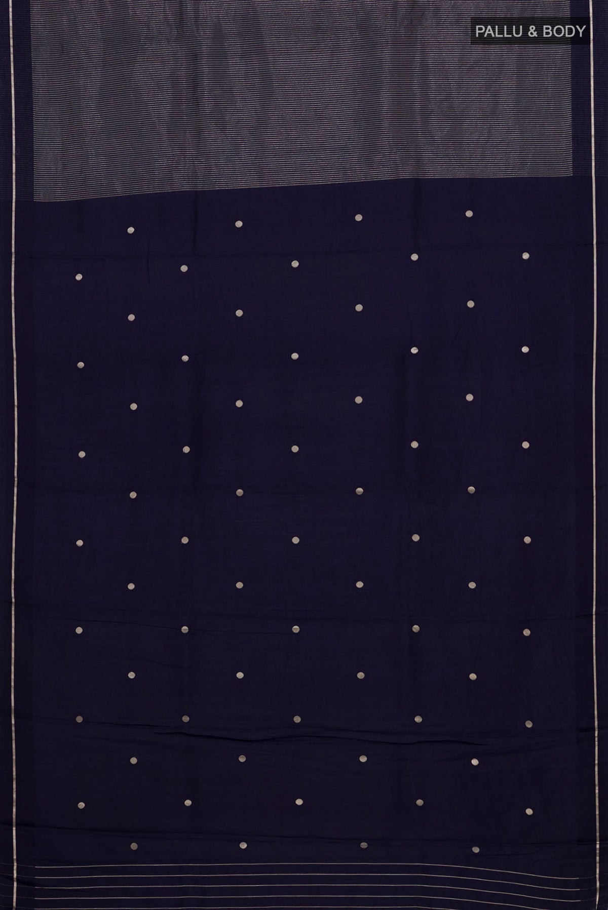 Flat view of Pure Silk Navy Blue Banarasi Katan Saree with Stripes on the body and Thin Zari Line. 
