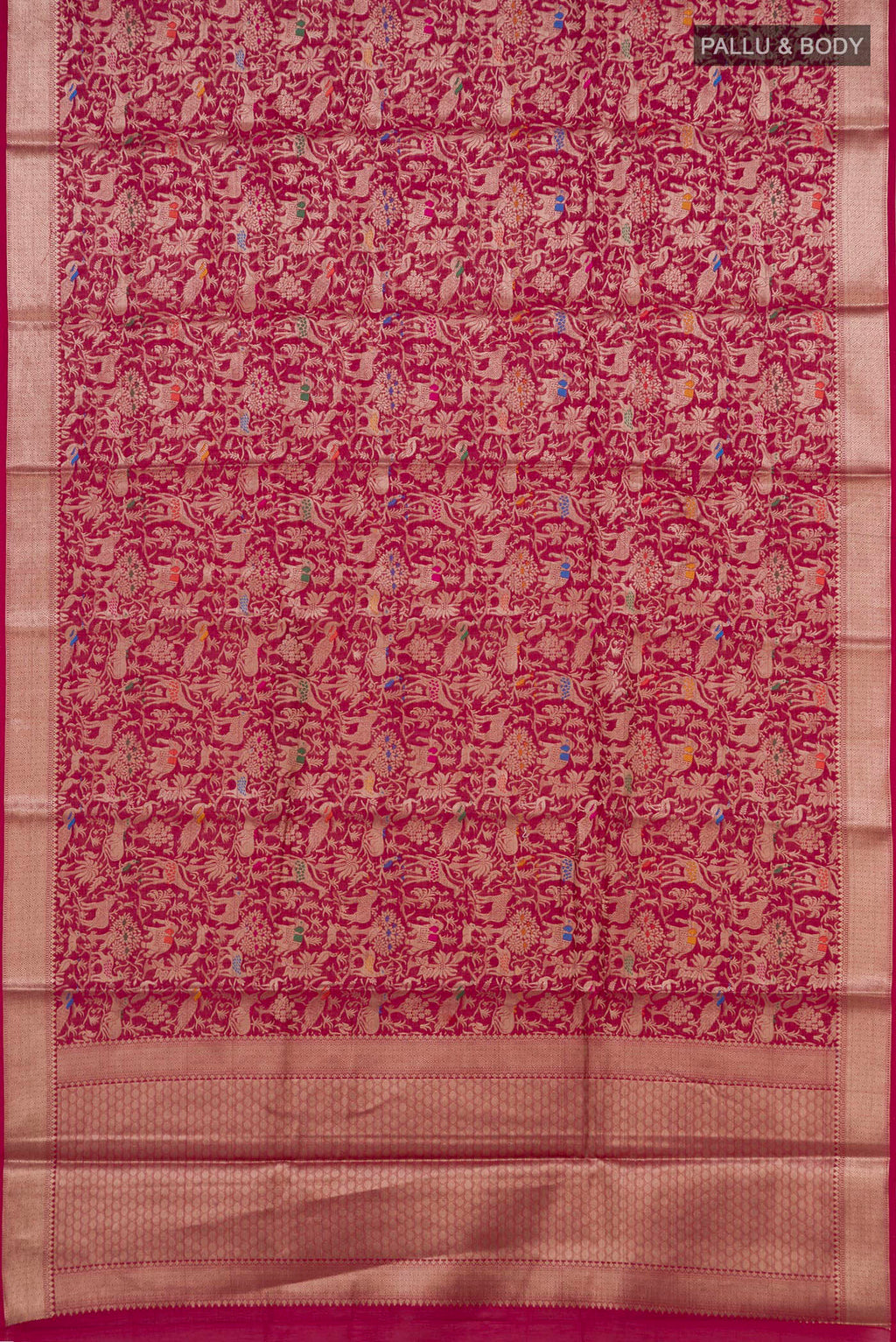 Flat view of Pure Silk Dark Pink Banarasi Raw Saree with Zari Brocade on the body and Zari Border. 