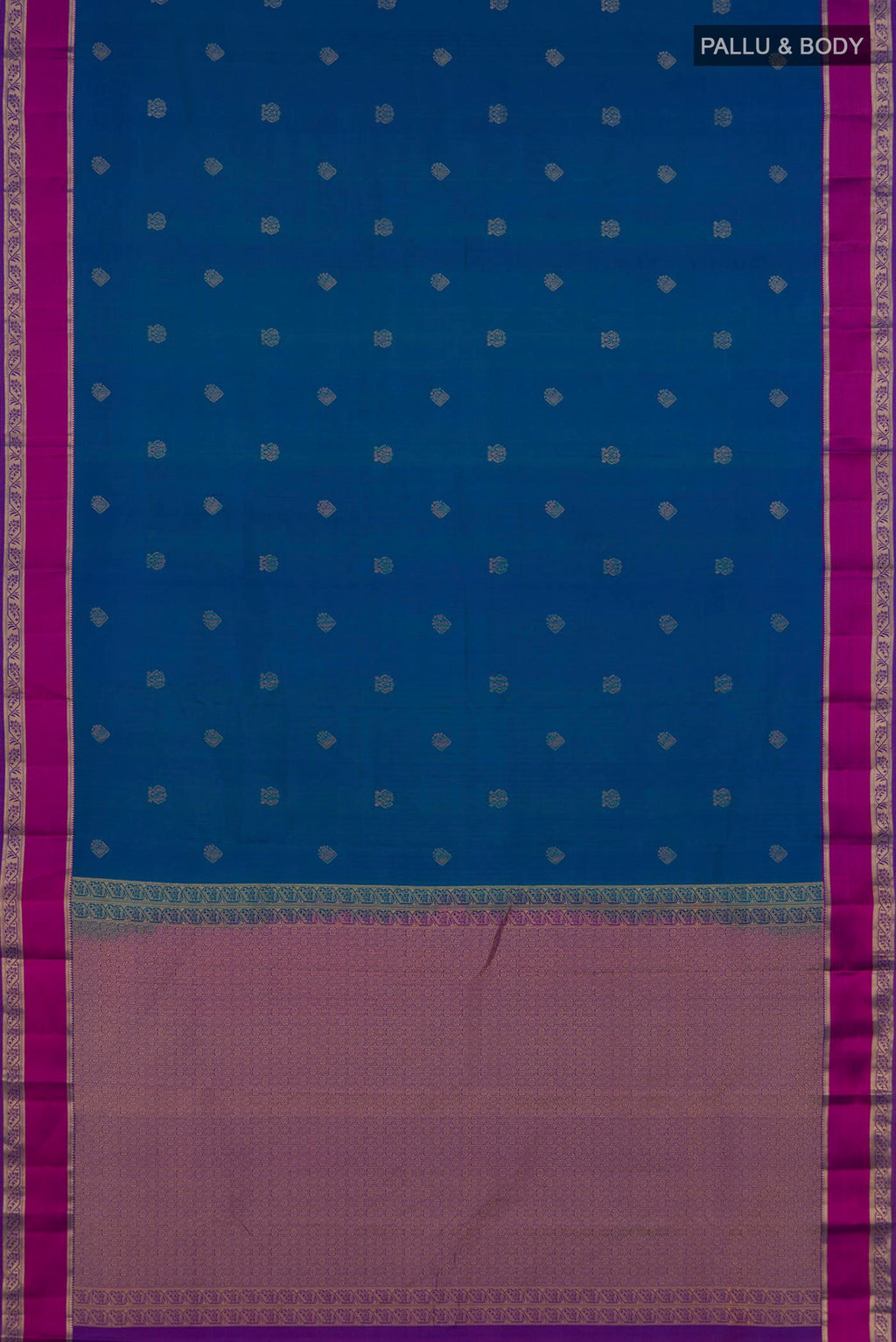 Flat view of Pure Silk Peacock Blue Kanchipuram Saree with Zari Butta on the body and Zari Border. 