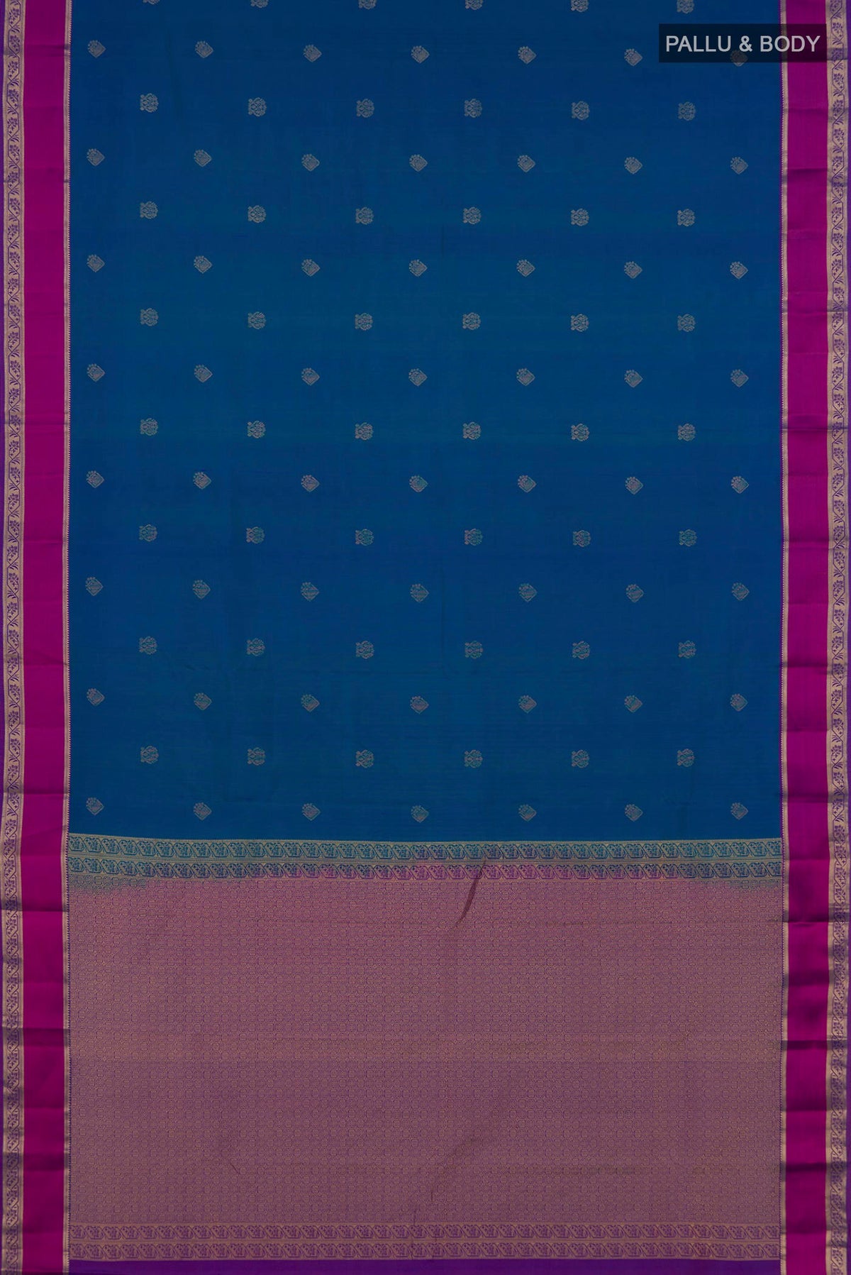 Flat view of Pure Silk Peacock Blue Kanchipuram Saree with Zari Butta on the body and Zari Border. 