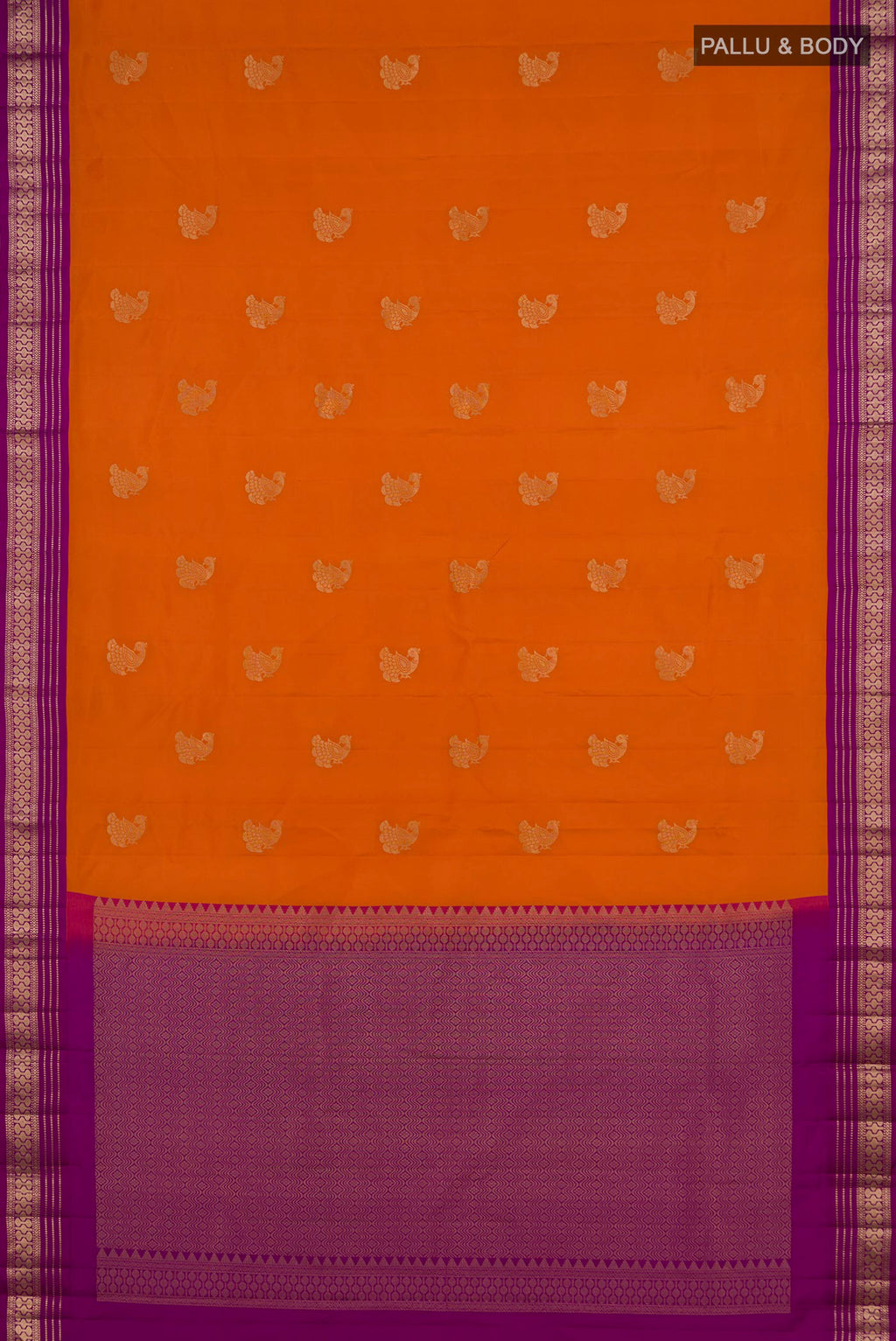 Flat view of Pure Silk Orange Kanchipuram Saree with Zari Butta on the body and Zari Border. 