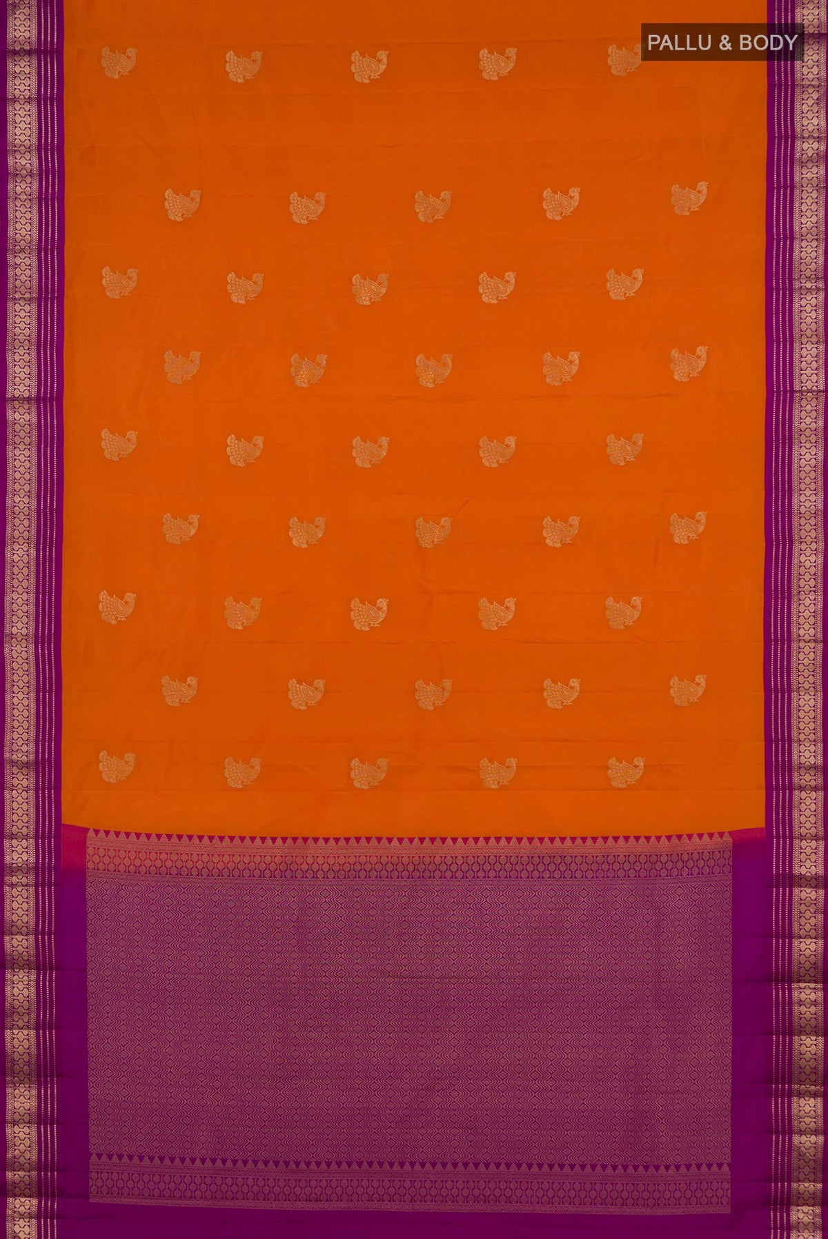 Flat view of Pure Silk Orange Kanchipuram Saree with Zari Butta on the body and Zari Border. 