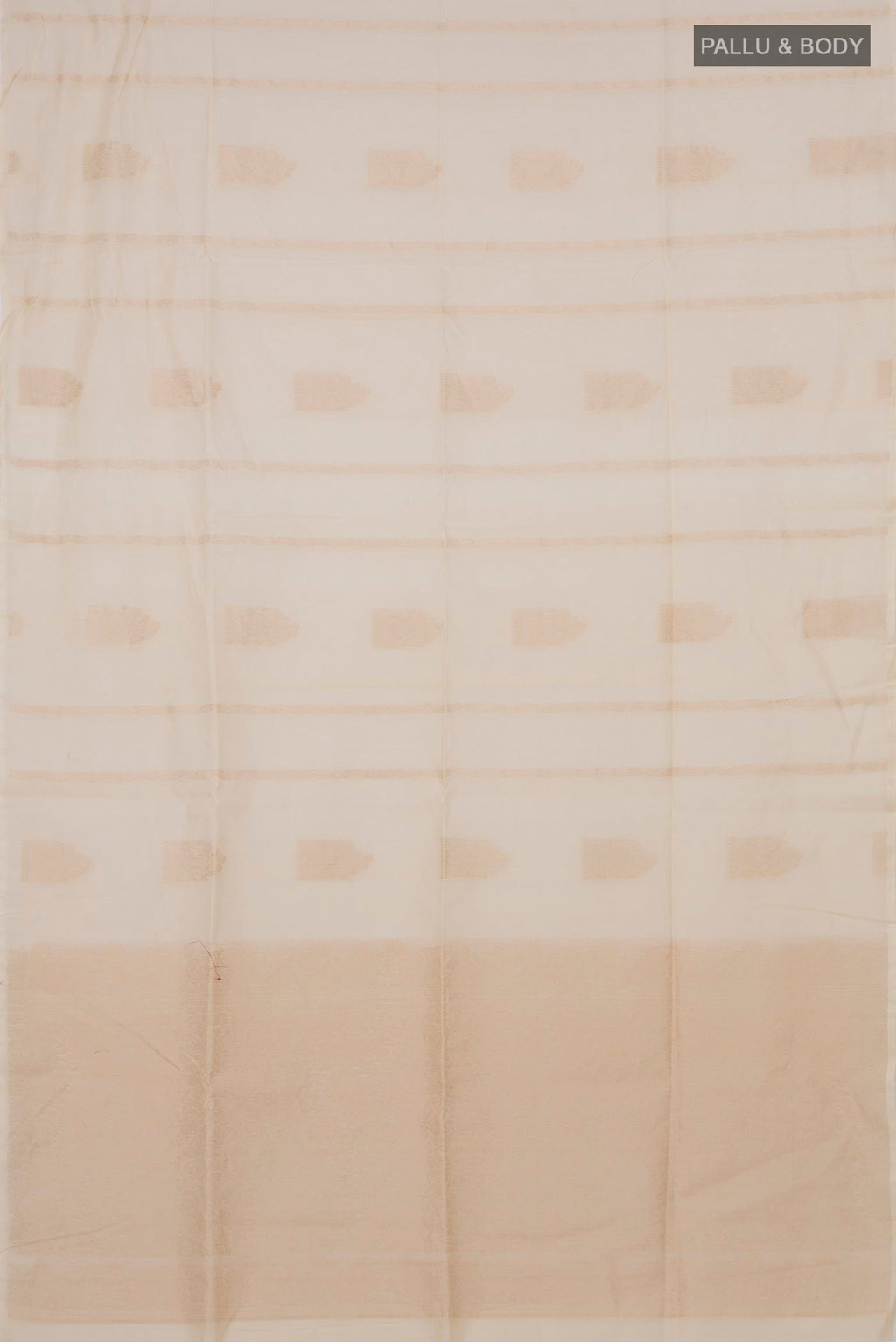 Flat view of Cream Silk Cotton Saree with Zari Butta on the body and Without Border. 