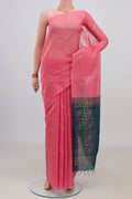 Pink Silk Cotton Saree with Zari Butta on the body and Without Border.  displayed on a mannequin