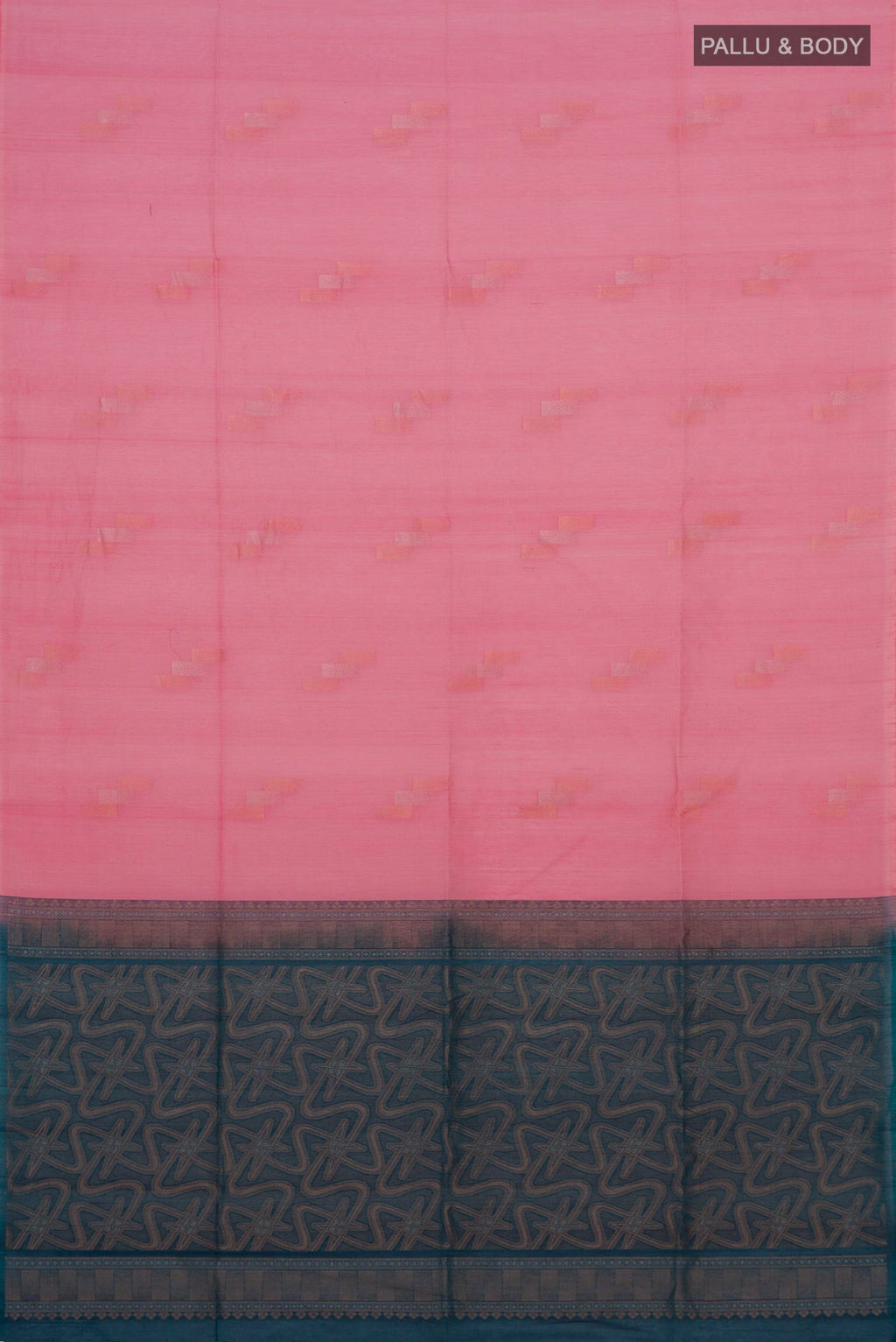 Flat view of Pink Silk Cotton Saree with Zari Butta on the body and Without Border. 