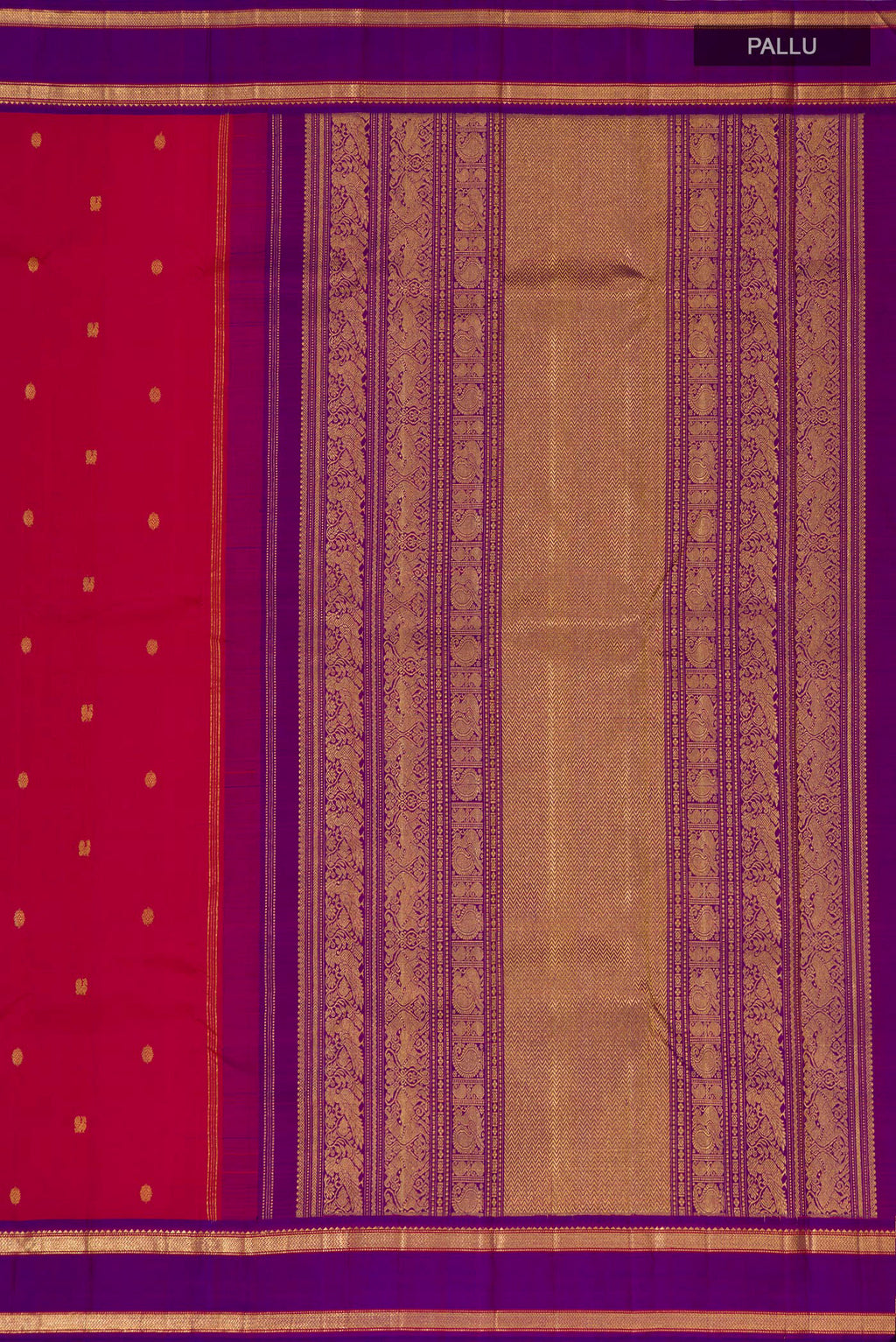 Close up image of the pallu of Pure Silk Pink Kanjivaram Saree with Zari Butta on the body and Zari Border. 