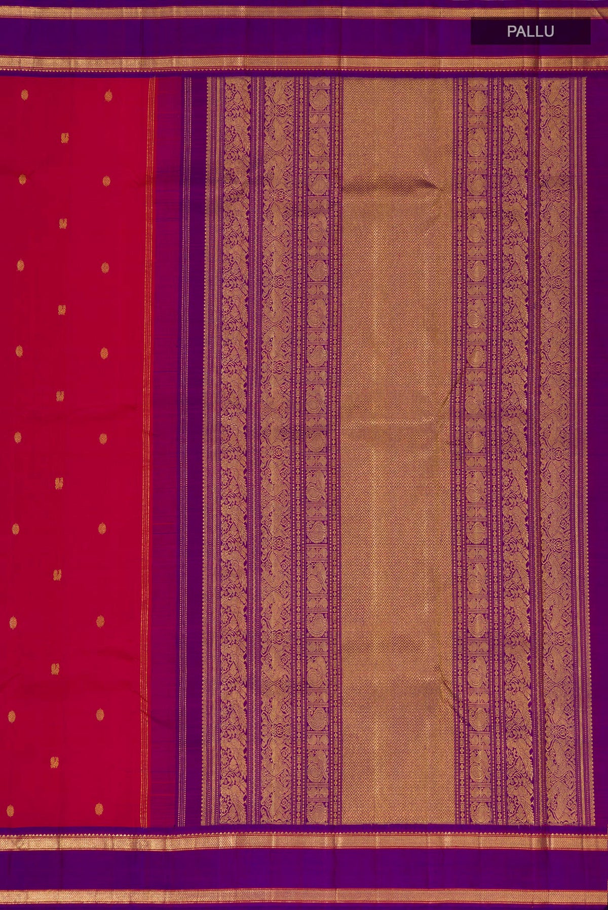 Close up image of the pallu of Pure Silk Pink Kanjivaram Saree with Zari Butta on the body and Zari Border. 