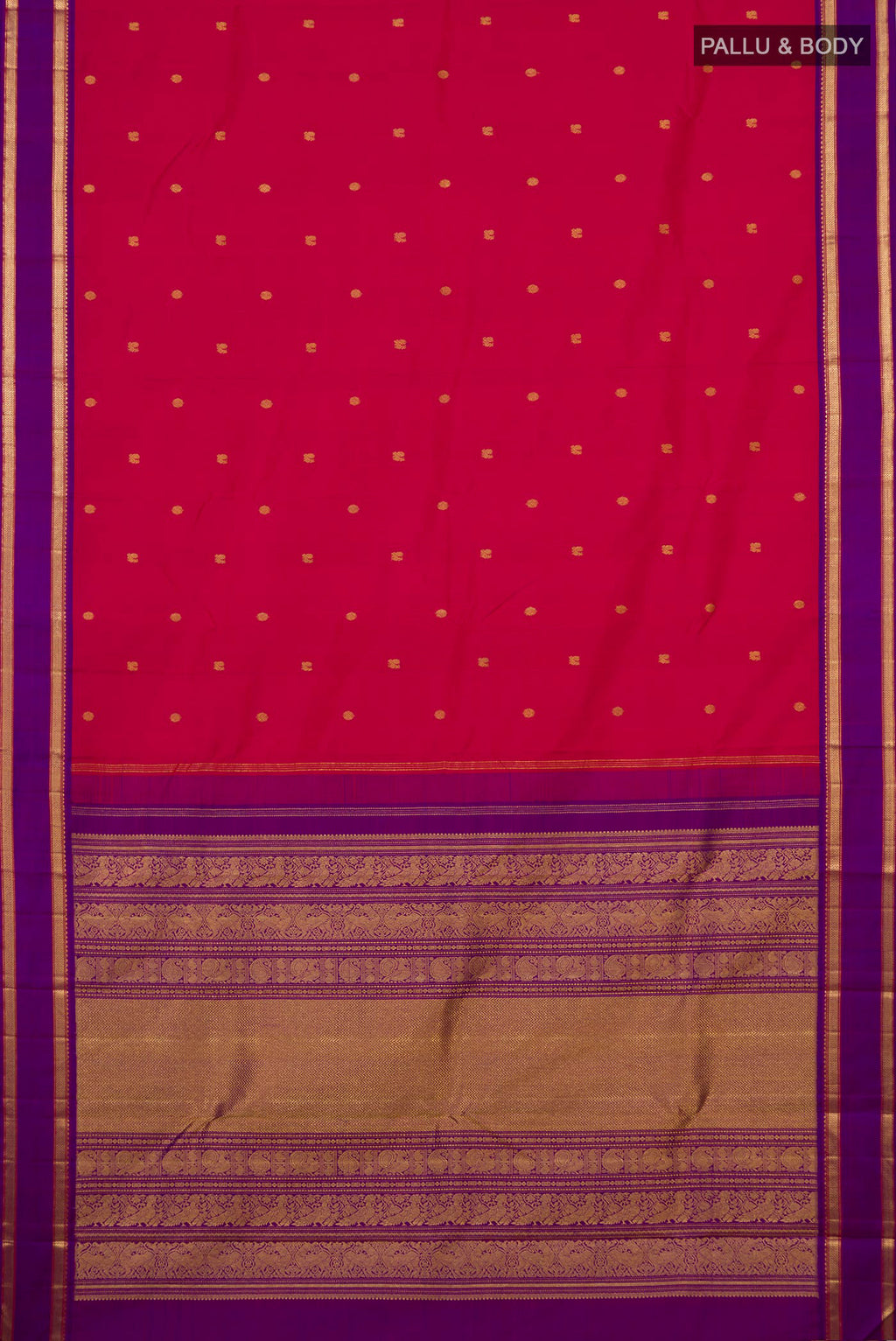 Flat view of Pure Silk Pink Kanjivaram Saree with Zari Butta on the body and Zari Border. 