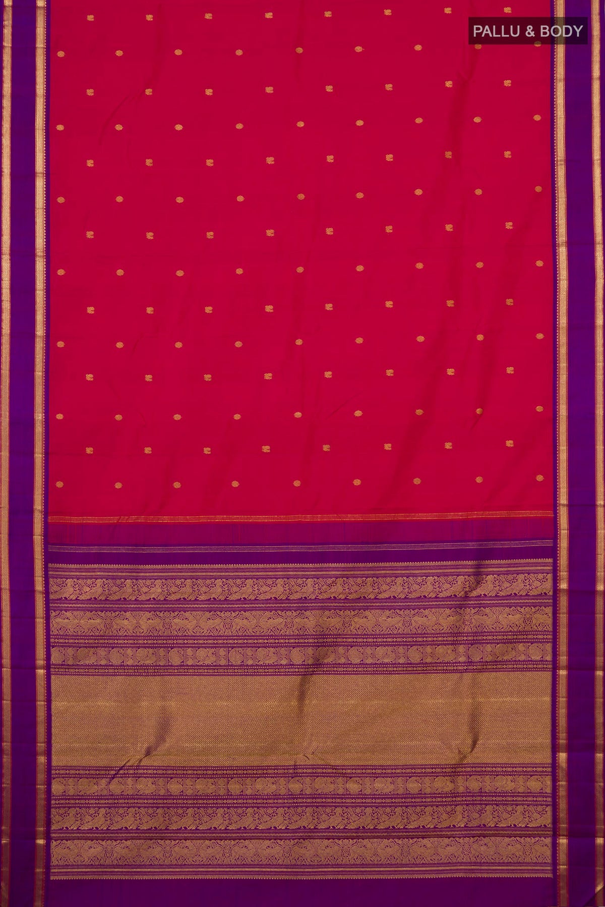 Flat view of Pure Silk Pink Kanjivaram Saree with Zari Butta on the body and Zari Border. 