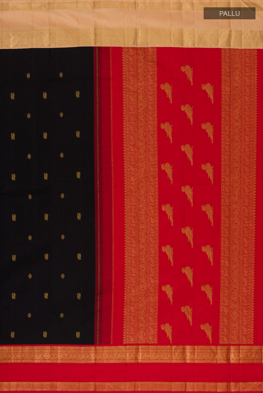 Close up image of the pallu of Pure Silk Black Kanjivaram Saree with Zari Butta on the body and Ganga Jamuna Border. 