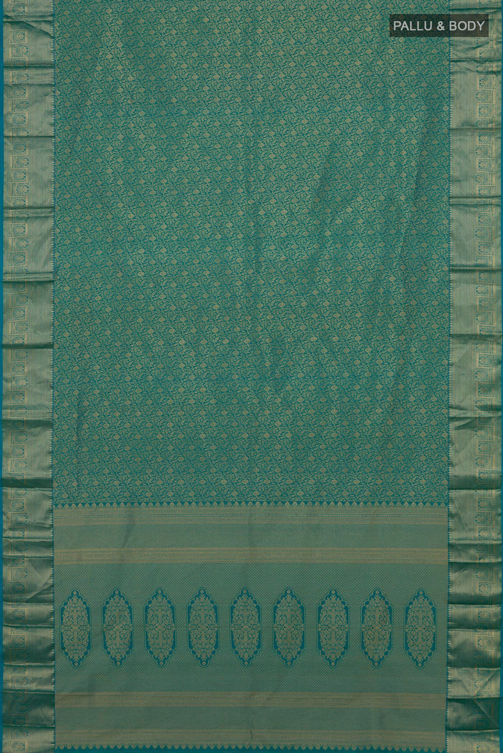Flat view of Pure Silk Turquoise Kanjivaram Saree with Zari Brocade on the body and Zari Border. 