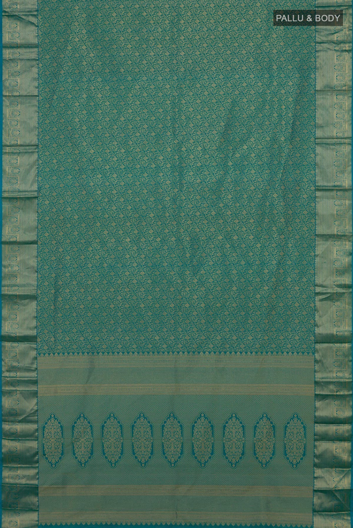Flat view of Pure Silk Turquoise Kanjivaram Saree with Zari Brocade on the body and Zari Border. 