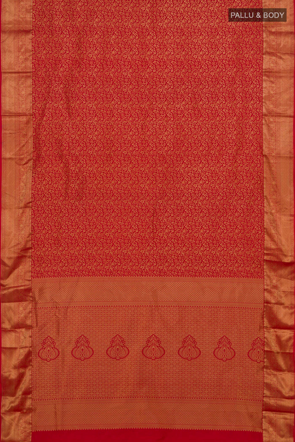 Flat view of Pure Silk Red Kanjivaram Saree with Zari Brocade on the body and Zari Border. 