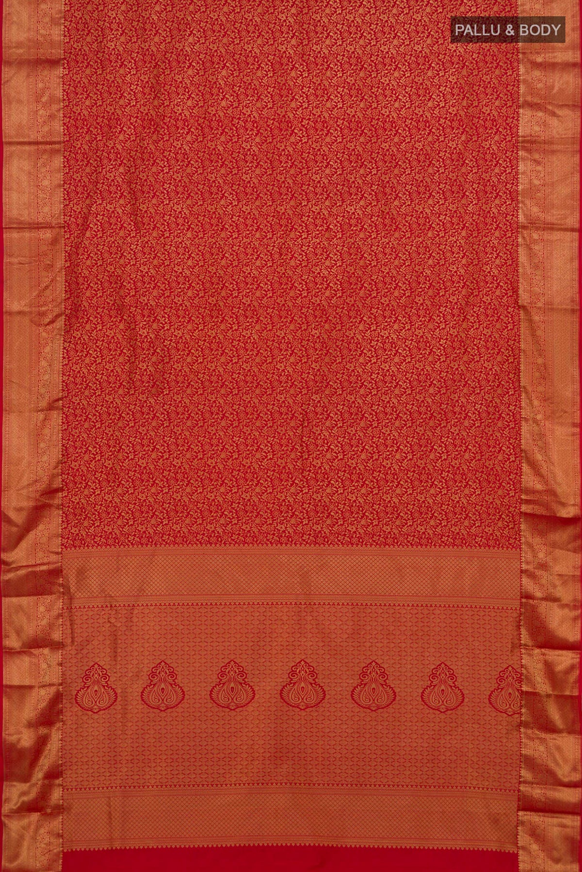 Flat view of Pure Silk Red Kanjivaram Saree with Zari Brocade on the body and Zari Border. 