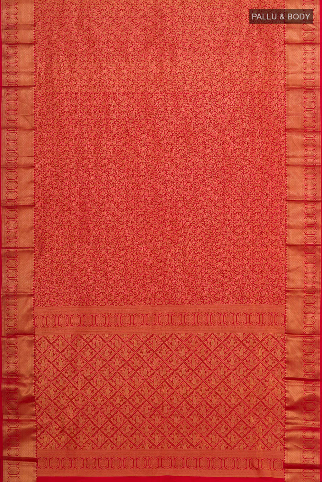Flat view of Pure Silk Red Kanjivaram Saree with Zari Brocade on the body and Zari Border. 